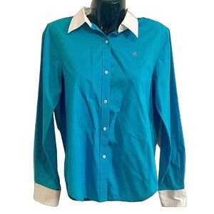 Vintage Lauren Ralph Lauren Turquoise Blue White Cuff Collar Button Down Y2K| S